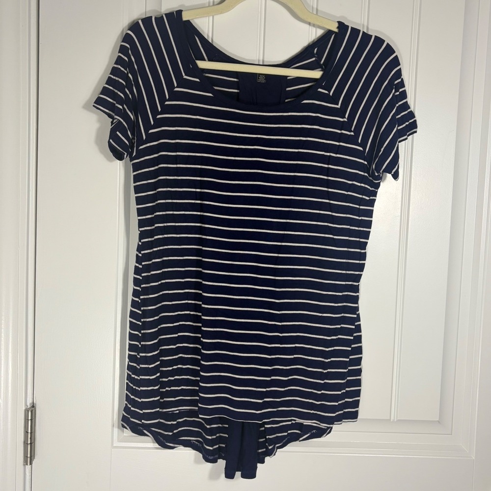 Cable & Gauge Navy White Striped Split Back Pleated Mixed Media Top Medium